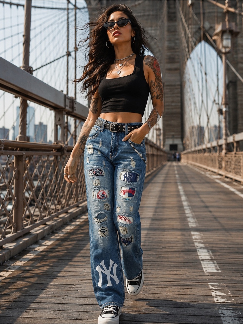Women's Distressed Patchwork Blue Jeans - NY Logo